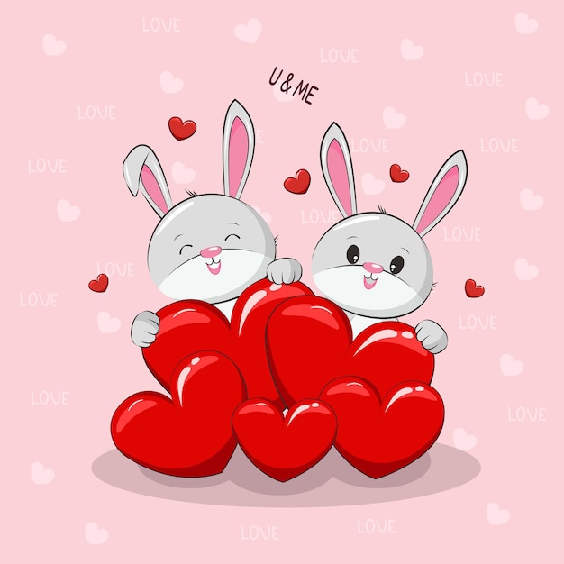 Vector couple love of cute bunnies with love heart, animal valentine, cartoon illustration