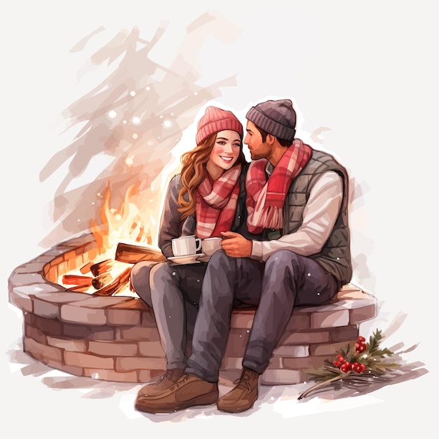 Vector couple in love sitting near the fireplace with coffee