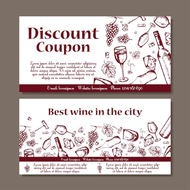 Vector coupon template for beverages Set of wine banners with sketches Illustration voucher label