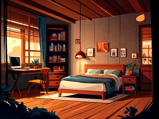 vector A cozy bedroom scene with cartoon illustrations isolated