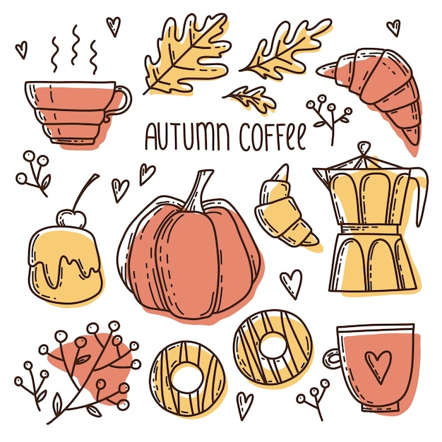 Vector cozy fall set with cute fall pumpkin cream cakes hot chocolate drink coffee pot donuts