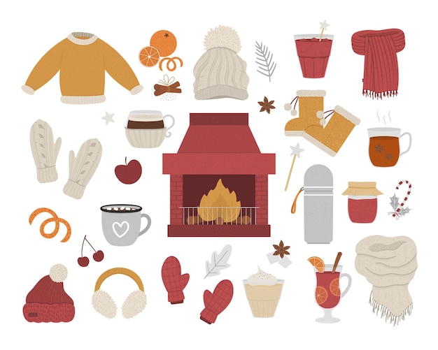 Vector cozy winter set with chimney and fire in the center. Warming objects illustration. Items for cold season. Food, drinks, spices and clothes to warm up isolated on white background.