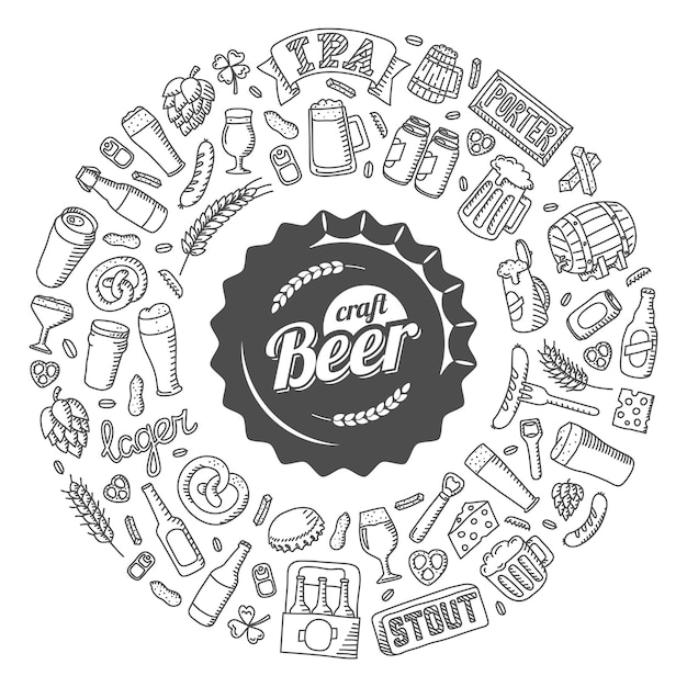 Vector vector craft beer doodle poster hand drawn beer glasses mugs bottles snacks ingredients