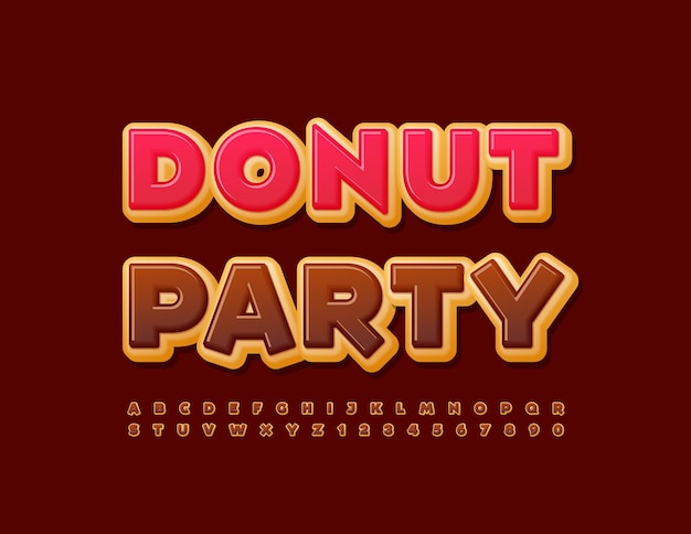 Vector creative banner Donut Party. Delicious Alphabet Letters and Numbers. Decorative tasty Font