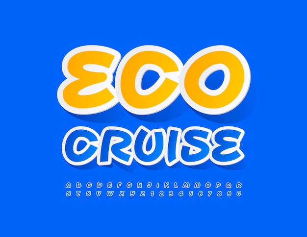 Vector creative banner Eco Cruise. Sticker artistic Font, Blue Alphabet Letters and Numbers set