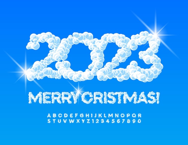 Vector creative Greeting Card Merry Christmas 2023! Snow White Font. Cloud style Alphabet Letters