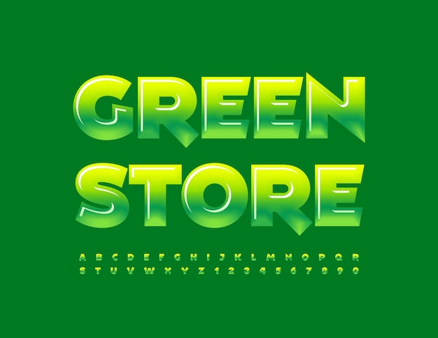 Vector creative logo Green Store with Glossy unique Font. Gradient Alphabet Letters and Numbers set