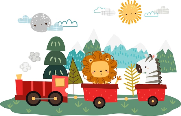 a vector of cute animals riding a train