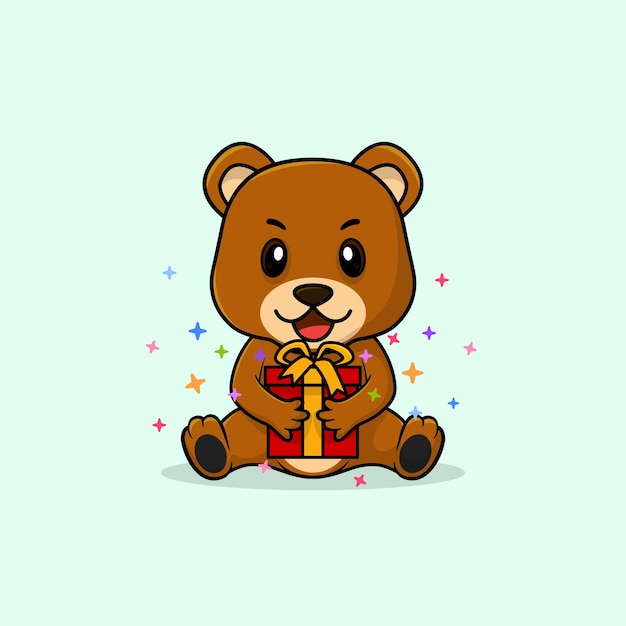 Vector cute baby bear cartoon happy holding gift flat icon illustration