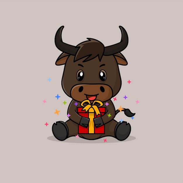 Vector cute baby bull cartoon happy holding gift flat icon illustration