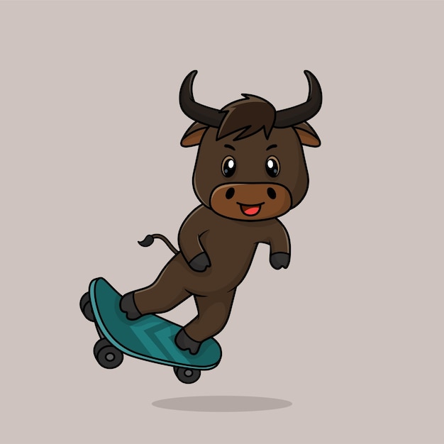 Vector cute baby bull cartoon playing skateboard icon flat illustration