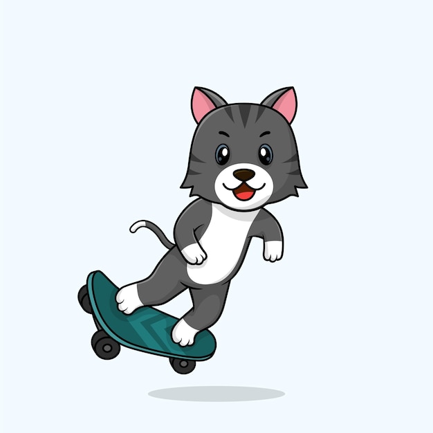 Vector cute baby cat cartoon playing skateboard icon flat illustration