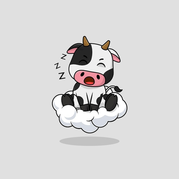 Vector cute baby cow cartoon sleeping on the cloud icon illustration F