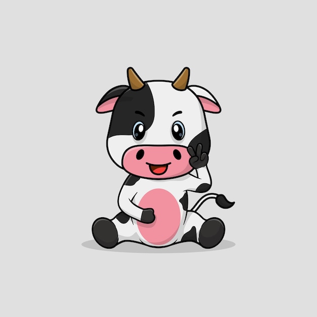 Vector cute baby cow cartoon smile and peace sign hand flat vector icon illustration