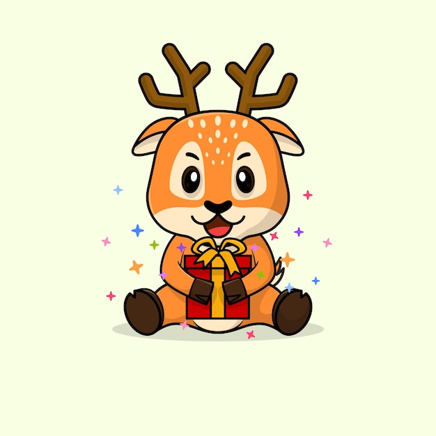 Vector cute baby deer cartoon happy holding gift flat icon illustration