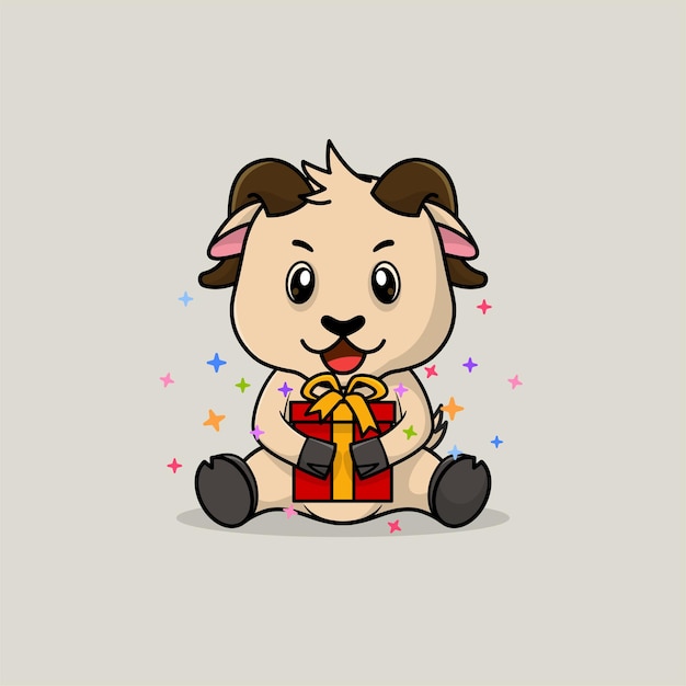 Vector cute baby goat cartoon happy holding gift flat icon illustration