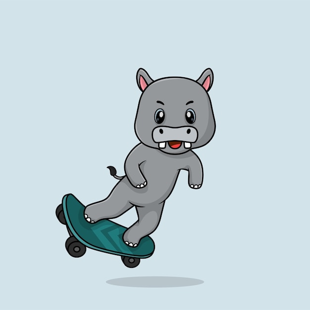 Vector cute baby hippo cartoon playing skateboard icon flat illustration