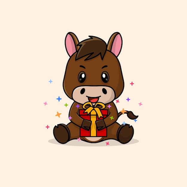 Vector cute baby horse cartoon happy holding gift flat icon illustration