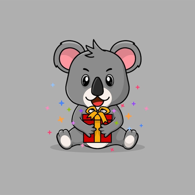 Vector cute baby koala cartoon happy holding gift flat icon illustration