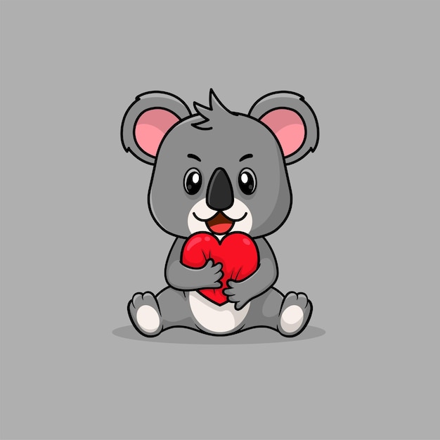 Vector cute baby koala cartoon holding love icon flat illustration