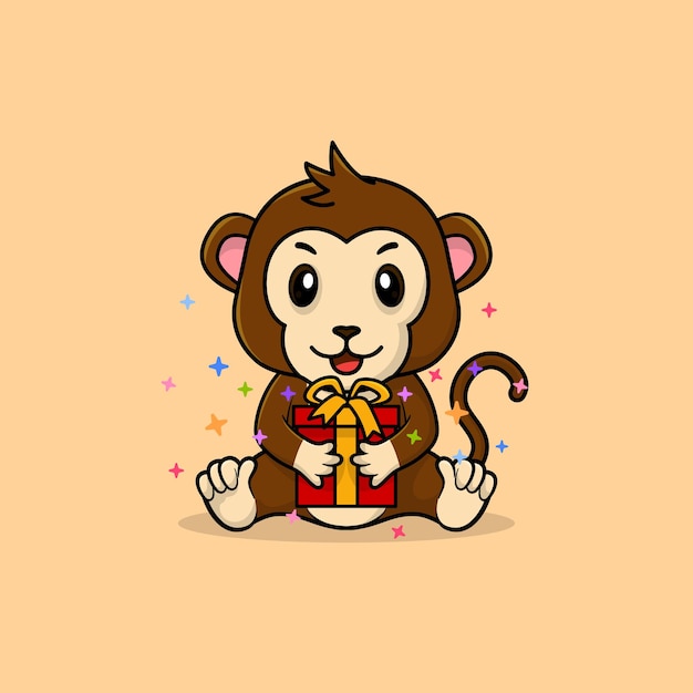 Vector cute baby monkey cartoon happy holding gift flat icon illustration