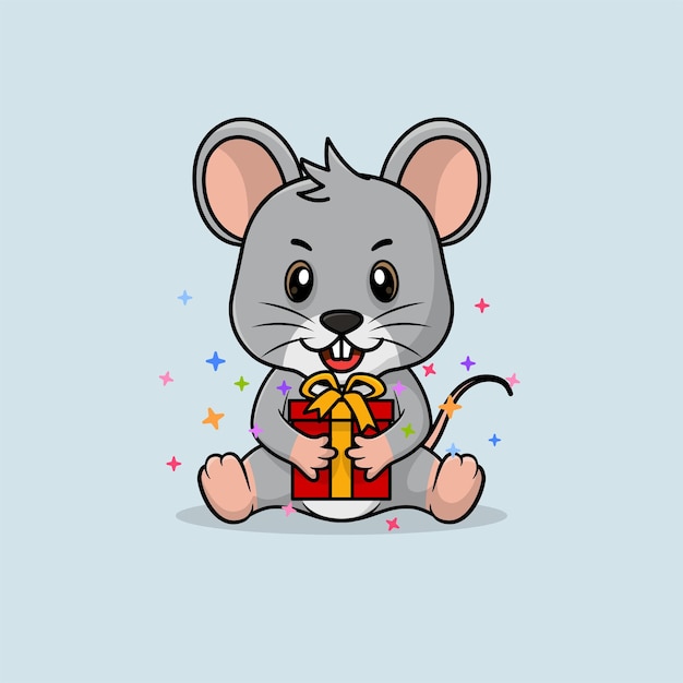 Vector cute baby mouse cartoon happy holding gift flat icon illustration