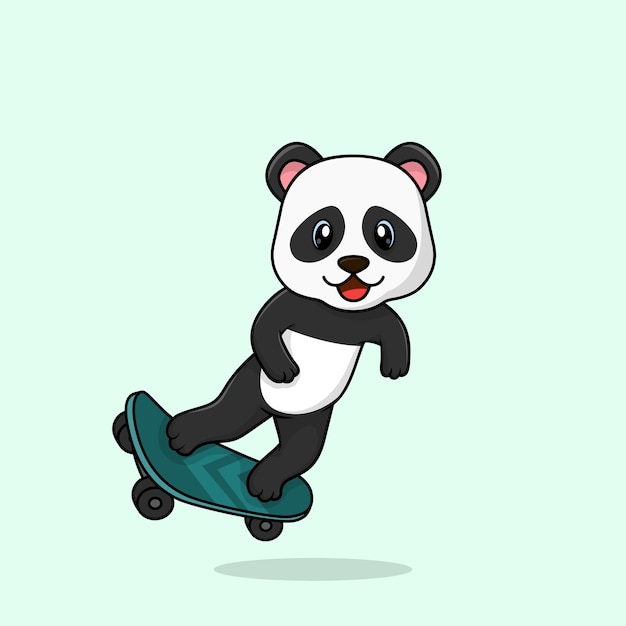 Vector cute baby panda cartoon playing skateboard icon flat illustration