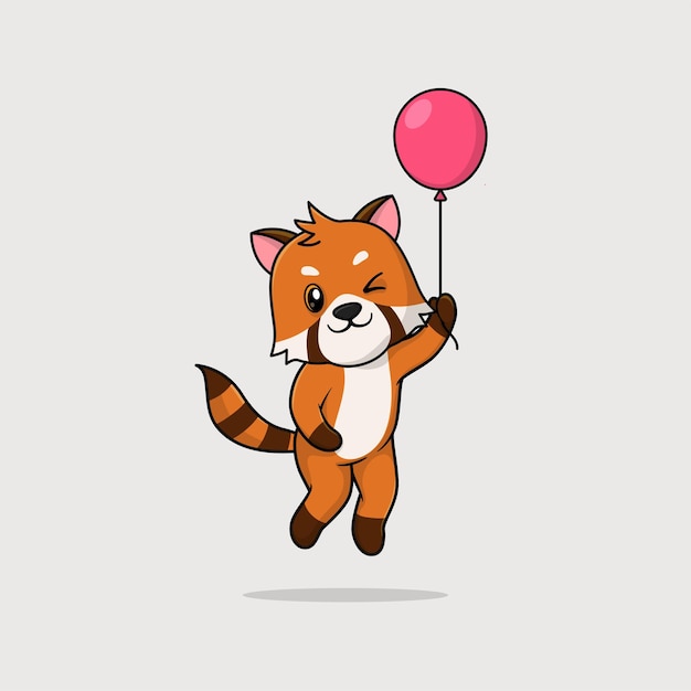 Vector cute baby red panda cartoon floating holding ballon icon illustration