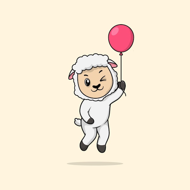 Vector cute baby sheep cartoon floating holding ballon icon illustration