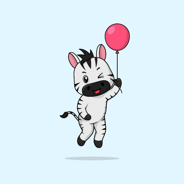 Vector cute baby zebra cartoon floating holding ballon icon illustration