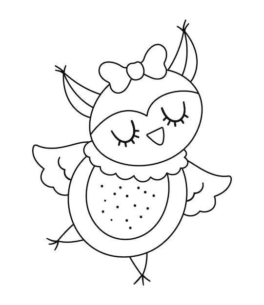 Vector cute black and white owl girl. Dancing woodland bird illustration. Romantic forest animal isolated on white background. Funny Valentineâs day line character icon or coloring page.