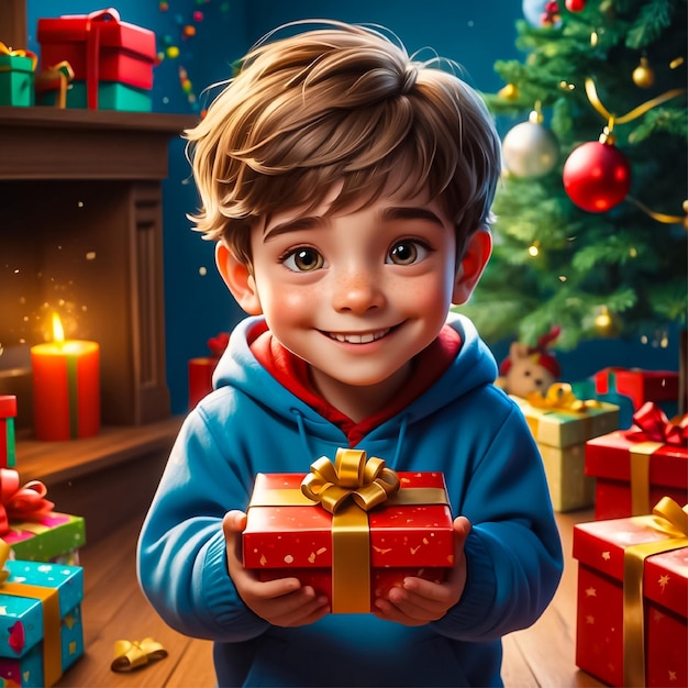 Vector Cute boy is happy with christmas gift