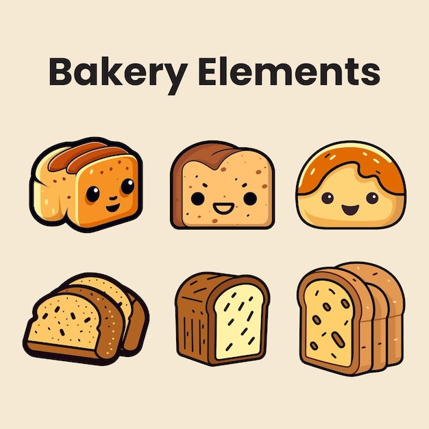 Vector cute cartoon bread emoji illustration kawaii set collection