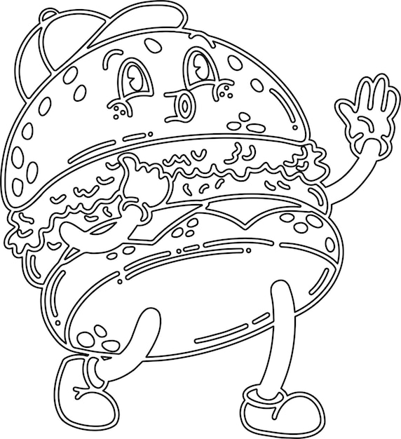 a vector of a cute cartoon burger in black and white colouring