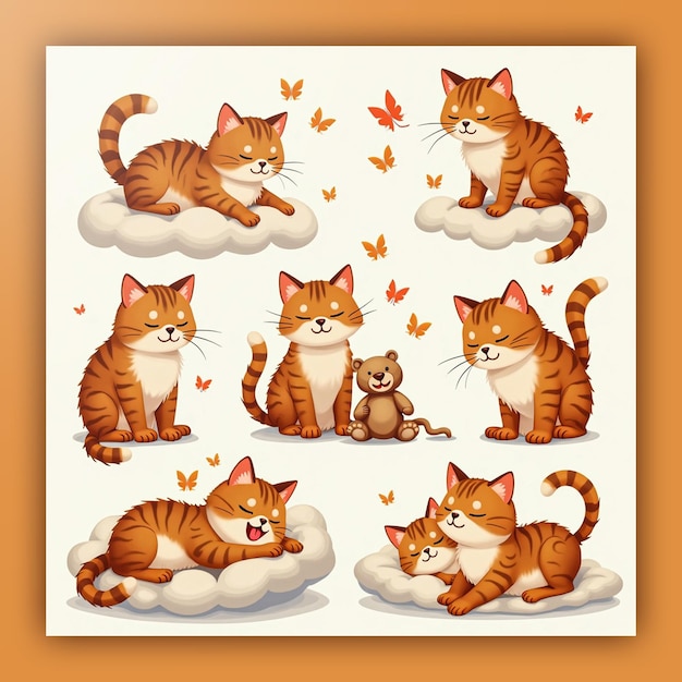 Vector cute cat cartoon characters illustrations set