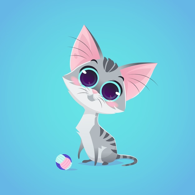 Vector cute cat character illustration. Cartoon style. Gray cat with ball toy. Pet.