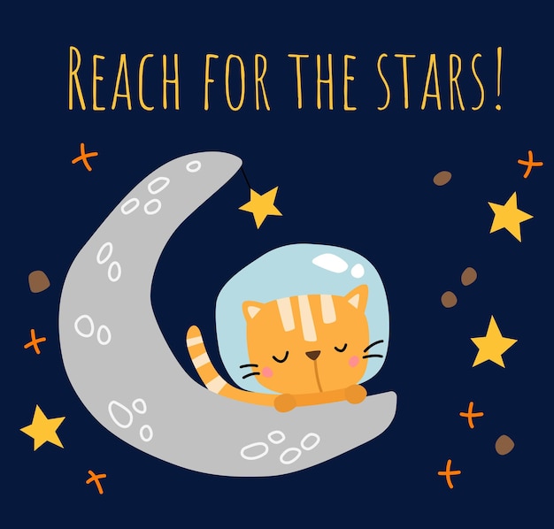 a vector of a cute cat sleeping on the moon