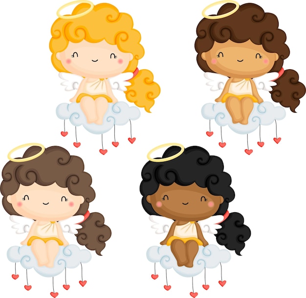 a vector of a cute cupid angel in multiple skin colors sitting on top of a cloud