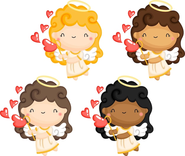 a vector of a cute cupid angel in multiple skin colors