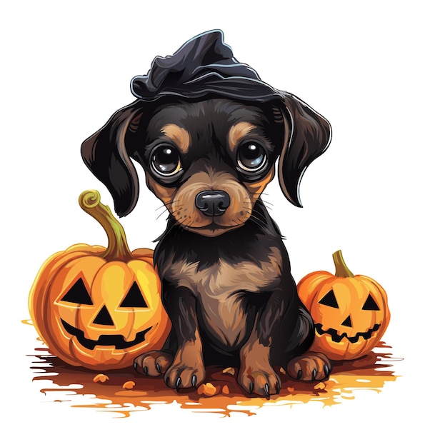 Vector cute dog with hat smiling halloween pumpkins with dog watercolor vector dog and pumpkins on white background