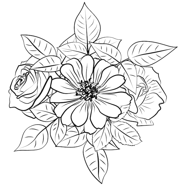 A vector of cute flowers in black and white coloring