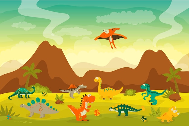 Vector Cute and Funny Flat Dinosaurs Trex Stegosaurus Velociraptor Pterodactyl Brachiosaurus Ankylosaurus Diplodocus Spinosaurus Brontosaurus Triceratops Dinosaur Set Nature Landscape