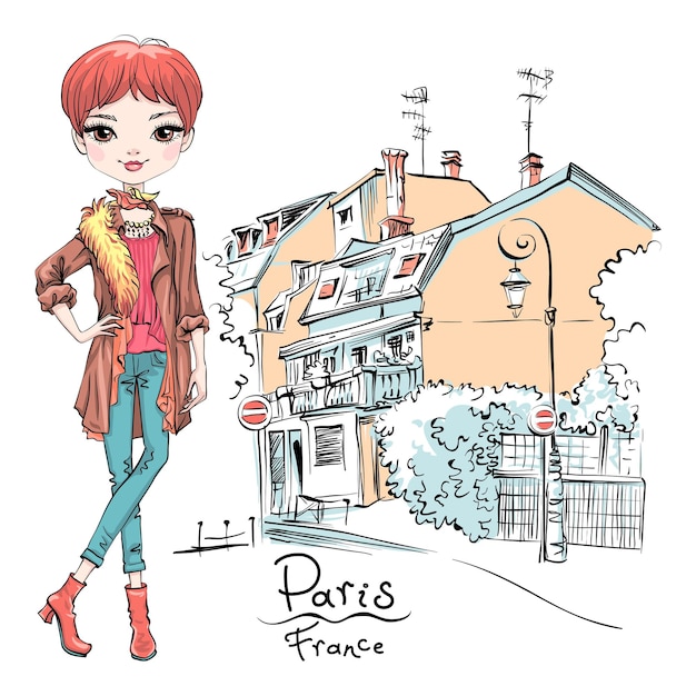 Vector cute girl in autumn clothes headscarf and boots jacket and jeans in paris france