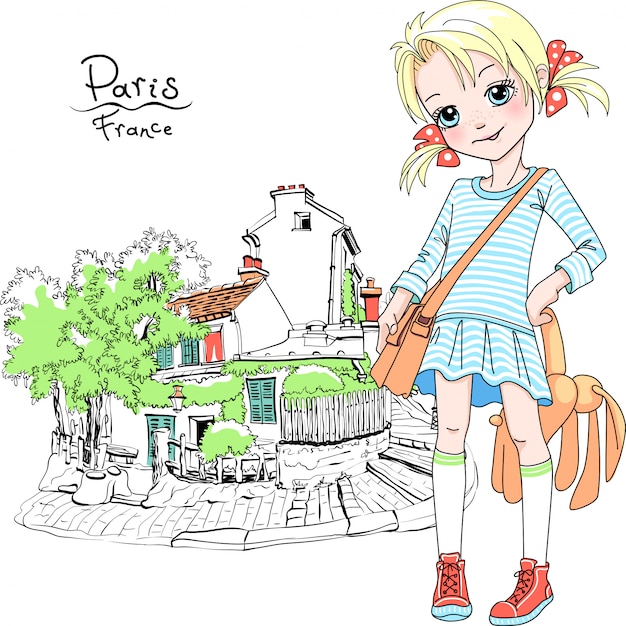 Vector cute girl in dress and sneakers with bag and soft toy rabbit on Paris street, France