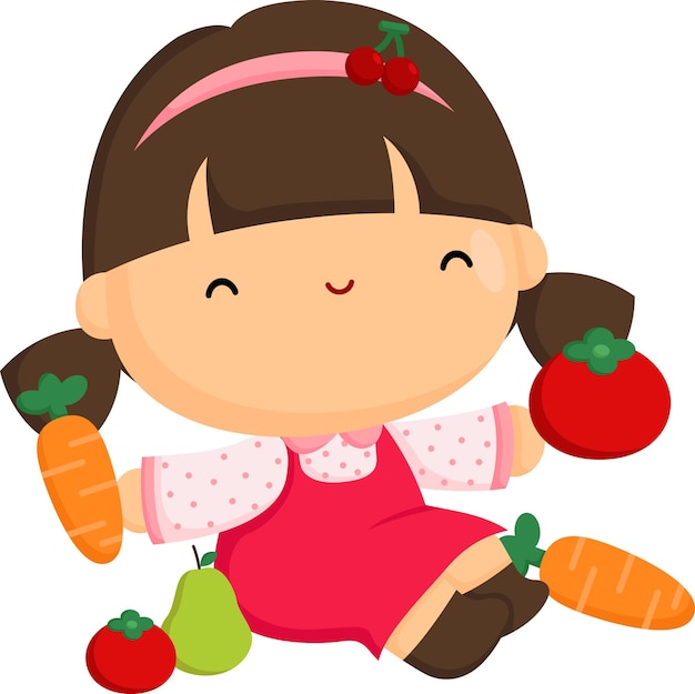 a vector of a cute girl with many vegetables and fruits