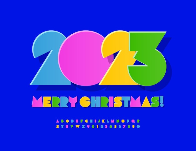 Vector cute greeting card Merry Christmas 2023! Colorful creative Font. Childish Alphabet Letters