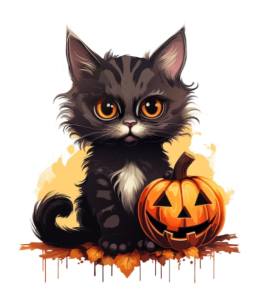 Vector cute grey halloween cat watercolor vector smiling pumpkin and grey cat halloween cat and pumpkins on white background