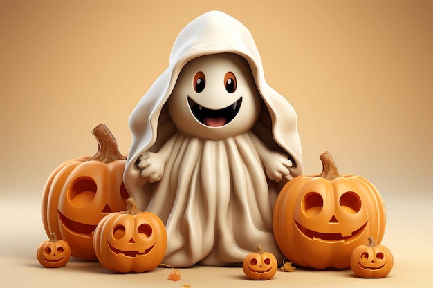 Vector cute Halloween ghost holding pumpkin cartoon illustration