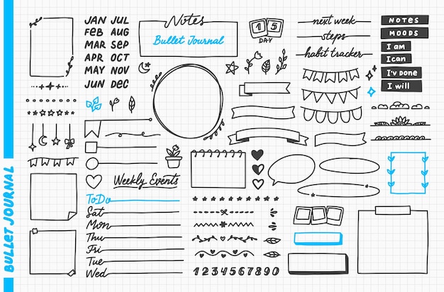 Vector Cute hand drawn elements for planner journal notepad paper vector Isolated on white