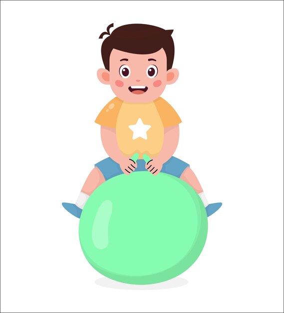 Vector vector cute happy little kid do workout with ball illustration